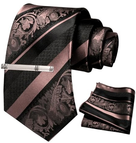 JEMYGINS Set Cravate Homme Motif Floral avec Pochette et Pince a Cravate pour Mariage Business et Ceremonie Or Rose Clair