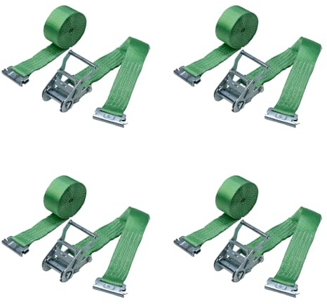 LOADCARE Set di 4 cinghie di ancoraggio in due pezzi con cricchetto per guida combinata di ancoraggio, larghezza 50 mm, cinghia di fissaggio rapida 750 daN, verde (lunghezza 8000 mm)