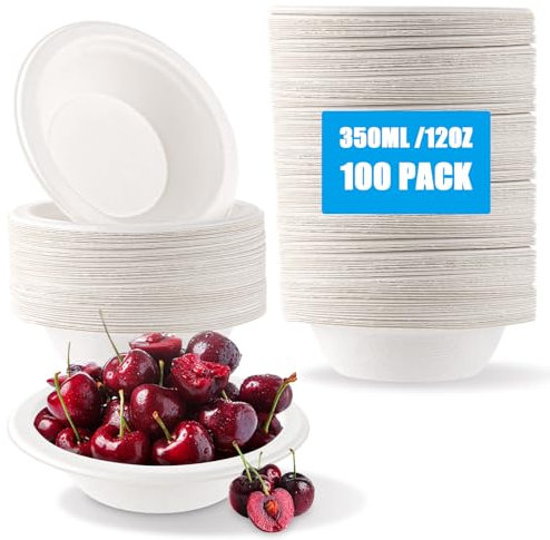 CYEER 100 Stück Einweg Suppenschalen 350ml, Biologisch Abbaubar, Pappschalen für Party Hochzeit Picknick