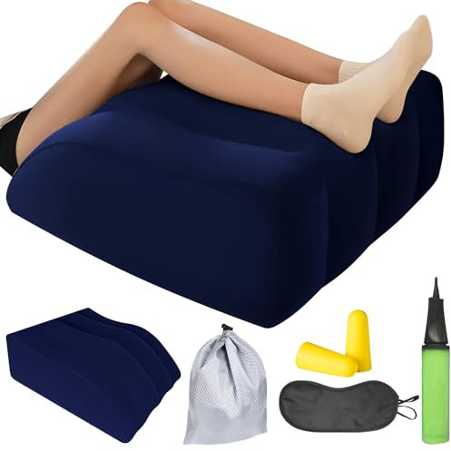 WIYETY Aufblasbares Beinhochlagerungskissen Satz, Venenkissen Beinhochlagerungskissen, Aufblasbare Keilkissen mit Augenmaske und Ohrstöpsel, Beinauflage Stützkissen für Verbesserung Schlaf (Blau)
