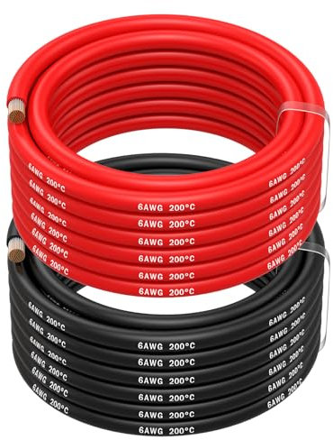 6 AWG Silicone Wire by MMOBIEL – 6 Gauge Tinned Copper Cable, 2 x 16.4ft (5m) 1 Red & 1 Black, Flexible High Temp Battery Wire for Automotive, RV, Marine, Solar, Inverter, HVAC, Welding