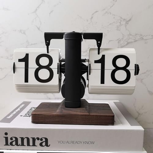 Topiky Flip Desk Clock, Retro Vintage Mechanical Flip Desk Table Clock, Black Walnut Base, Battery Powered Internal Gear Operated Clock, For Living Room, Study Room and Office(Black and White)