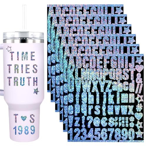 6 Bögen Vinyl-Buchstabenaufkleber, Glitzernde Vinyl-Alphabetaufkleber Selbstklebende Buchstaben und Zahlenaufkleber Wasserfeste Aufkleber für Stanley Tassen Bastelarbeiten (Bunt)