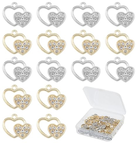 SUPERFINDINGS 40 Stück 2 Farben Strass Herzanhänger Aus Legierung Diamant Charms Links Liebesform Gold Silber Skelettanhänger Für DIY Basteln Armband Schmuckherstellung