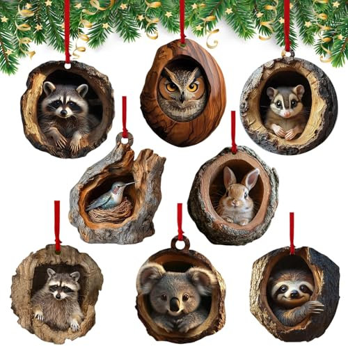 Axinyijia 8 Piezas Adornos de Animales Acrílicos de Navidad, Colgante 2D Animales Decoración Árbol de Navidad con Búho Koala Mapache Animal Christmas Ornaments