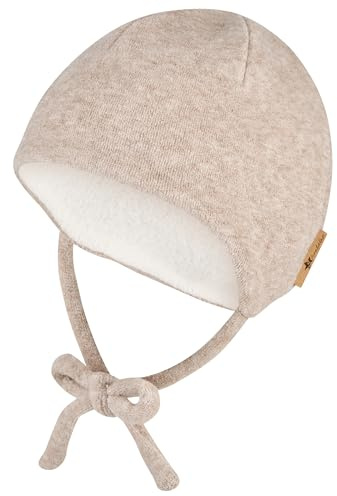 Sterntaler Beanie aus Melange Viskose-Mischgewebe – Unisex Babymütze mit angeschnittenen Ohrenklappen und Bindeband – warme Beanie, gefüttert mit Baumwollfleece – Erstlingsmütze – braun melange, Gr.37