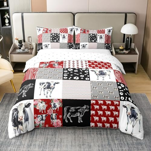 Homewish Funda de edredón de vaca lechera, 100 % algodón, funda de edredón de retazos rojos a cuadros para niños y niñas, juego de ropa de cama suave para dormitorio, flores rústicas