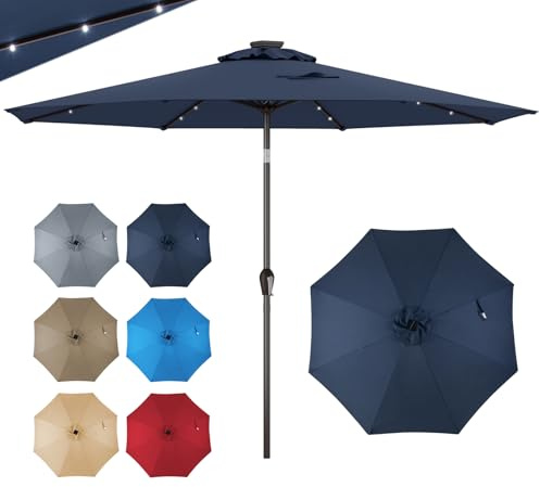 GOPLUS Parasol de Jardin Exterieur 3M, Grand Parasol Inclinable avec Lumineux Solaire 24 LED, 8 Baleines, Manivelle, Anti-UV, pour Plage Balcon Patio, Base Non Incluse (Bleu Foncé)