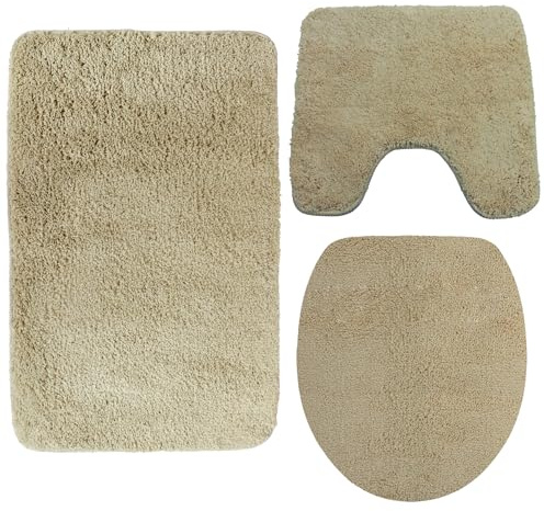 NYVI Badematten Set 3 teilig NYVISpa Lasalle Beige - Badematte 50x80 cm + WC-Vorleger mit Ausschnitt + WC-Deckelbezug - Badezimmerteppich Set - rutschfest, Saugstark, Fußbodenheizung geeignet