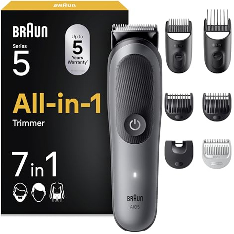 Braun Todo En Uno Series 5 AIO5520, Kit De Styling 7en1, Lámina Ultra Afilada, 120 Min, Tecnología SensitiveTrim Para el Cuerpo, Recorte Preciso Y Eficiente, AquaGrip Para Uso Bajo El Agua, Gris