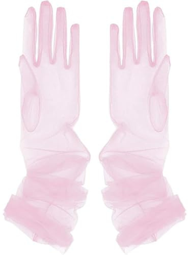 AMateschitz Lange Handschuhe Damen Tüll Handschuhe Mesh Tulle Gloves Sheer Party Opera Gloves Brauthandschuhe Transparent Tüllhandschuhe Netzhandschuhe Durchsichtige Tüllhandschuhe Rosa
