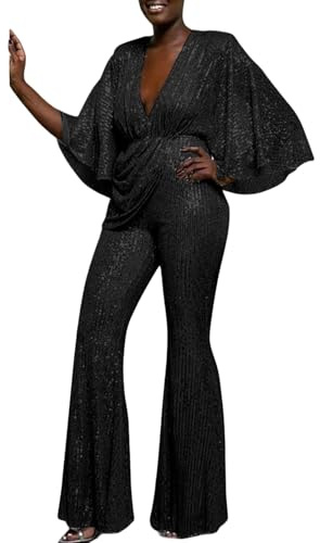 YIzdegg Jumpsuit Pailletten Damen Festlicher Hosenanzug Große Größen Business Overall Elegant Glitzer-Hosenanzug Lang Romper Flared Einteiler Ärmellose Strampler Jumpsuits Playsuits