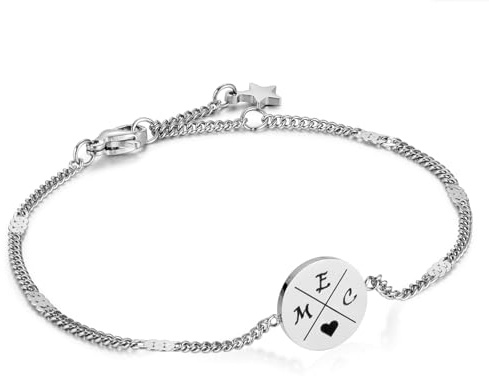 MeMeDIY Personalisiertes Kompass Armband mit Buchstaben Symbole Damen Freundschaftsarmband mit Gravur Initialen Silber/Gold/Roségold Schmuck Geschenk für BFF Schwesterherz Mutter Tochter