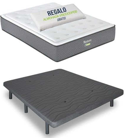 Matnature | Pack Cama Individual con Base Tapizada + Colchón Viscoelástico Nature |Firmeza Superior y Alta Adaptabilidad | Fabricación Sostenible España (Gris, 150x190)