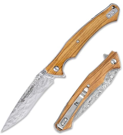 YOUSUNLONG Coltello pieghevole da campeggio - Lama in acciaio Damasco martellato - Rivestimento in legno d'ulivo italiano