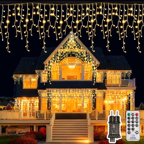 LuJasi Eisregen Lichterkette Außen, 10M 408LED Weihnachtsbeleuchtung Aussen mit Fernbedienung Timer 8 Modi IP44 Wasserdicht Lichtervorhang für Balkon Haus Traufe Vorbau Geländer Warmweiß