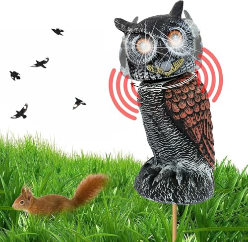 Vogelabwehr Eule Beweglich, Eulen Attrappe mit Geräusch, Solar Powered | Solar Deko Eule für Außen Garten Vogelschreck Vogelscheuche Taubenschreck mit Bewegungsmelder, Wackelkopf, Leuchtenden Augen
