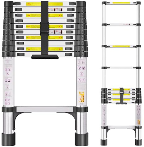 Escalera telescópica de Acero Inoxidable, 3,18m Escalera Plegable Portátil, Escalera Extensible con Patas Antideslizantes, Ideal para áticos, techos, autocaravanas, decoración y Mantenimiento