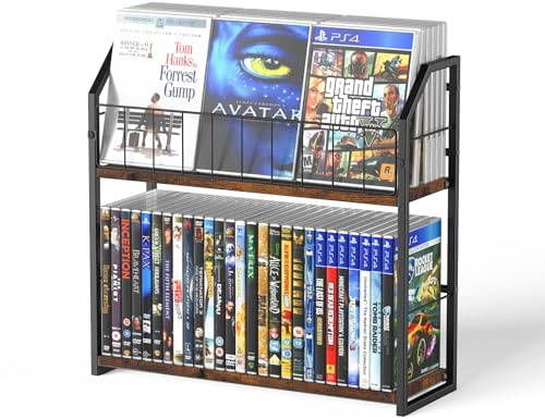 PAPAGIFTREE 2-Tier DVD Storage Rack, DVD Shelf for Non-slip Feets, DVD Holder Display with 10lb per Tier, Stores Up to 56 DVDs, Display Organizer Tower for Music Enthusiasts and Collection