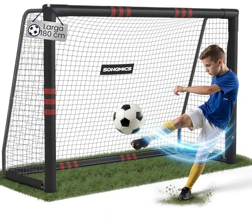 SONGMICS Porta da Calcio, per Tutte le Età, in Acciaio, Rete in PE, per Esterni, Giardino, Spiaggia, 120 x 300 x 200 cm, Rivestita in Gommapiuma, Nero SZQ301RZ02