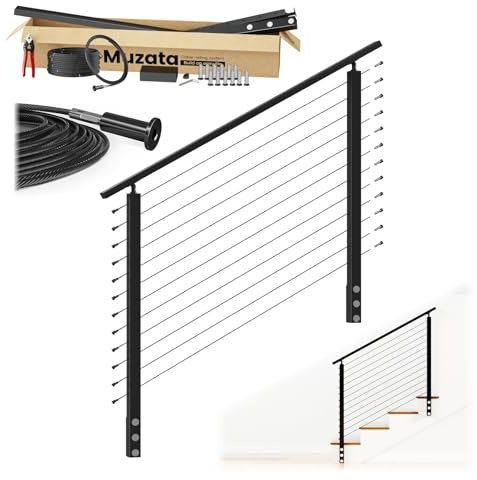 Muzata 2-4FT Upgraded Pre-Crimped Side Mount Black Complete Cable Railing Kit for Stairs 42 Inch Cable Railing System with Post Handrail Left & Right Universal Space-Saving Fascia Mount RC15