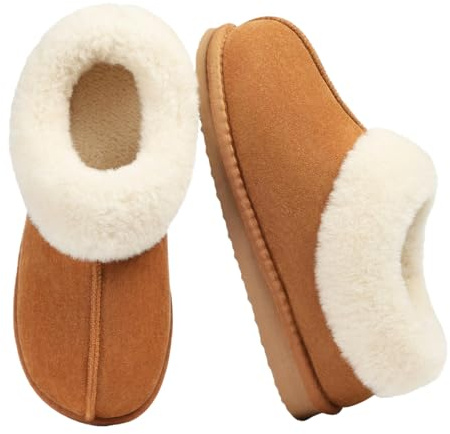 Gyios Pantofole in Cotone Invernali Peluche da Donna Finta Pelle Scamosciata, Calde Scarpe Foderate Pelo con Collo Pelliccia, Comfort per Interni Ed Esterni-cachi-38-39
