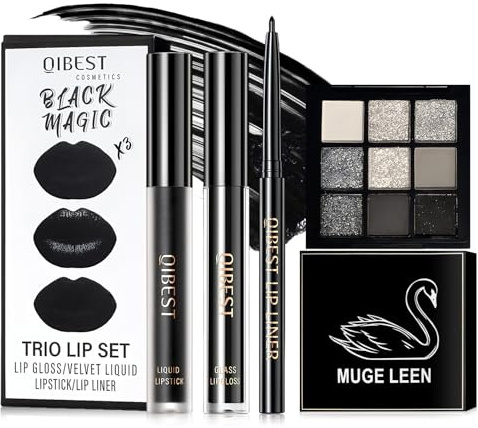 Set de Maquillaje Gótico, Negro Líquido Pintalabios con Delineador y Brillo, Paleta de Sombras de Ojos Ahumadas 9 Colores, Impermeable y de Larga Duración, para Carnaval Halloween