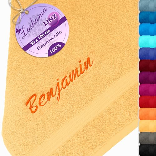 Lashuma Besticktes Handtuch 50x100 mit Namen, Linz Baumwollhandtuch, Handtuch Gelb
