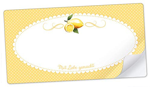 20 STICKER RECHTECKIG GELB Zitrone Mit Liebe gemacht mit Freitextfeld für Chutney, Lemomcurd, Sirup, Saft, Limonade, Kekse, Backen • Etiketten Format: 96 mm x 50,8 mm, matt