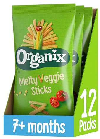 Organix Melty Organic Veggie Sticks, 7+ Months, Baby Snack, Multipack, 4 x 15 g Bags Per Pack (3 Packs Total)