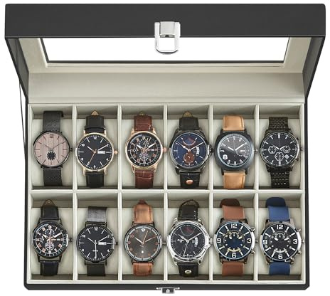 SONGMICS Watch Box, 12-Slot Watch Case Organizer with Large Glass Lid, Removable Pillows, Gift for Loved Ones, Black Synthetic Leather, Greenish Beige Lining UJWB12BE