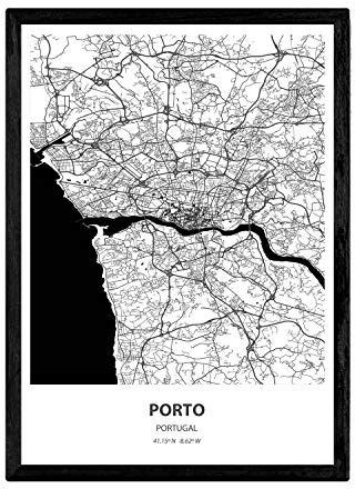 Nacnic affisch med karta över Porto - Portugal. Bilder på städer i Spanien med hav och floder i svart. A3 storlek med ram