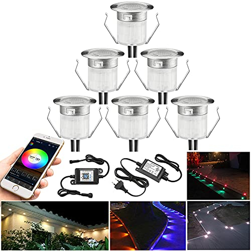 Lot de 6 Spot Led Encastrable Exterieur RGBWW, Bluetooth Ø31mm Dimmable Mini spot Escalier Piscine Lampe au Sol spot Encastrable, Etanche IP67 DC12V Spot pour Terrasse Bois (RGB+Blanc Chaud)