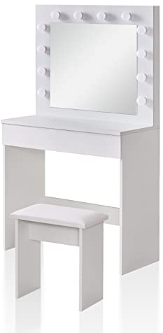 TUKAILAI - Set con tavolo da toeletta in stile hollywoodiano con luci LED regolabili a 3 colori, specchio, 1 grande cassetto e sgabello, tavolo da trucco per camera da letto