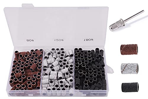 BNG Schleifhülsen Nagelfräser 210 Stück SchleifbäNder Mit 80/120/180 Grit Schleifkappen ManiküRe Pediküre Set Mit Box, Nail Art Schleifband Mit 1 StüCk 3/32 Zoll Nagelbohrer
