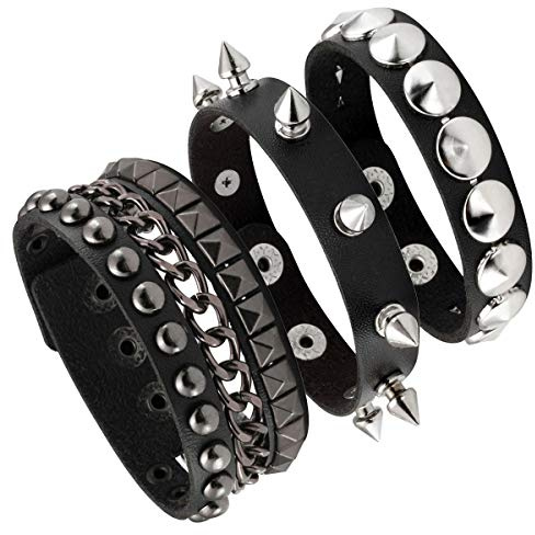 Eigso Punk Armband 3 Stücke PU Lederarmband mit Nieten Ketten Schwarz Einstellbar für Damen Herren