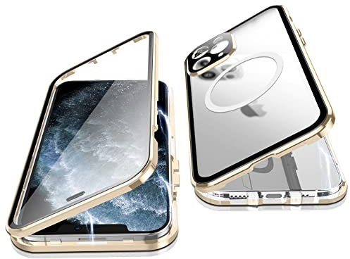 Jonwelsy Hülle für iPhone 11 Pro, 360 Grad Beidseitig Schutz Kompatibel mit Magsafe Magnetische Adsorption Metallrahmen Case Vorne Glas Hinten Frosted PC Cover Handyhülle für 11 Pro 5,8 (Gold)