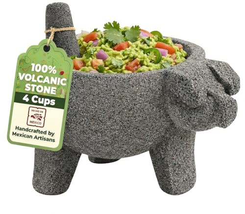 YOPIDO 9 inch Molcajete Mortar and Pestle with Pig Design, Mexican Handmade with Lava Stone Ideal as Herb Bowl, Spice Grinder, Volcanic Stone
