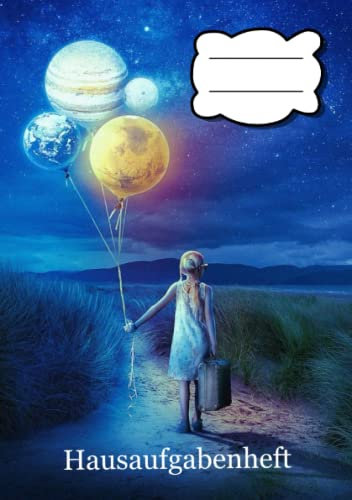 Hausaufgabenheft: Hausaufgabenheft Weltall, Planeten, Strand, Mädchen am Strand, Sternenhimmel, DIN A5