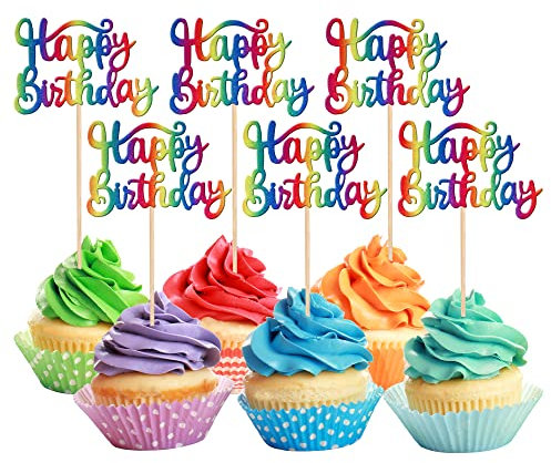 SYKYCTCY 36 Pack Happy Birthday Cupcake Toppers Glitter Celebrating Birthday Cupcake Picks Baby Shower Kids Anniversary Party Cake Decorations Supplies Multicolor