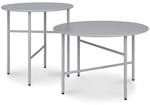 bomoe 2er Set Beistelltisch Outdoor Gartentisch Rund Kratzfeste Oberfläche | Grau stabiler Couchtisch leicht In- & für Wohnzimmer Balkon Terrasse Nachttisch Bett Schlafzimmer Tisch Metalltisch Finn