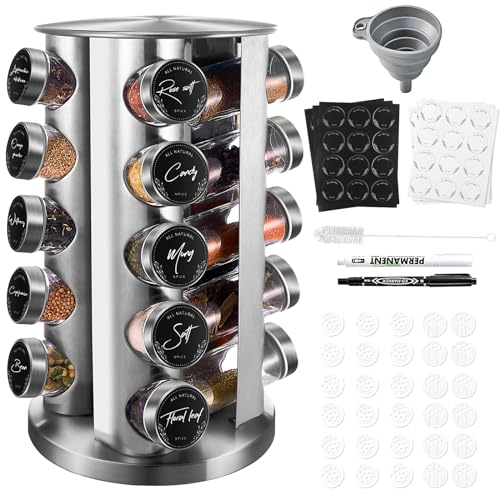 Miorkly Rundes Gewürzregal Mit 20 Gewürzgläser Rund,360° Drehbarer Edelstahl Gewürzkarussell,Gewürz Organizer,Gewürzständer Stehend,Gewürzdosen Mit Streueinsatz,Gewürzglas, Tags,Trichter,Markierstift