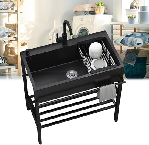 Spülbecken Edelstahl Freistehende Spültisch 1 Becken Edelstahlspüle Gewerbliche Ausgussbecken Spülenschrank mit Spüle Armatur Ablassvorrichtung Mobiles Waschtisch für Outdoor Innen Küche Restaurant (