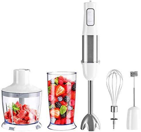 Frullatore a immersione ad immersione, 500 W 6 velocità 5-in-1 frullatore ad immersione in acciaio inossidabile con tritatutto, becher da 600 ml, frullino per le uova, montalatte