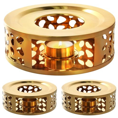 DAKFOOK 3 Pack Gold Teapot Warmer, Stainless Steel Teapot Warmer with Tealight Holder and Hollow Frame Design, Teapot Base for Heating Tea Sets Coffee Milk