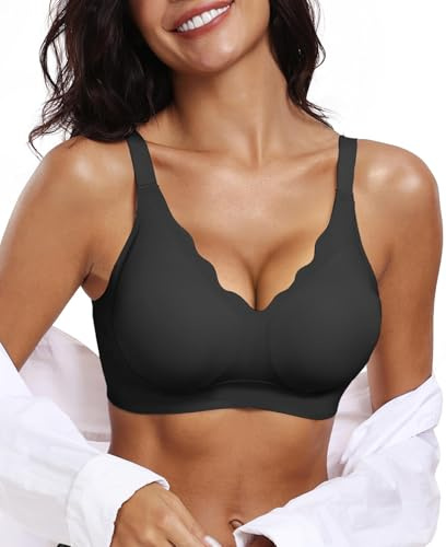 OEAK Womens Wireless Bras Push Up Support Full Coverage Bralettes No Underwire Bra Comfortable Everyday Seamless Tshirt Bras Black M