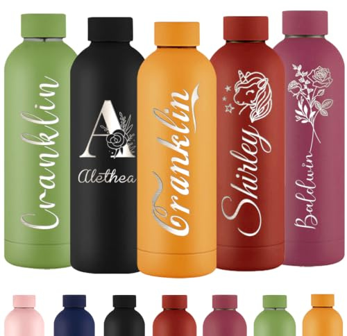 Xihedfd Personalisierte Trinkflasche Gravur Wasserflasche mit Namen Individuell Rostfreier Edelstahl Metall 500 ml Thermosflasche für Schule Büro Sport
