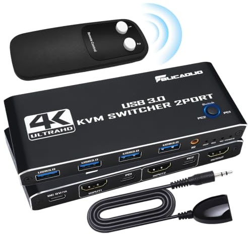 HDMI KVM Switch 2 in 1 Out 4K60Hz USB3.0 with IR Remote for PC | 4 USB3.0, 4K@60Hz, IR remote, hotkey & LED, switch, 2 cables, plug & play, no driver, reduce cable clutter, Win/Mac/Linux