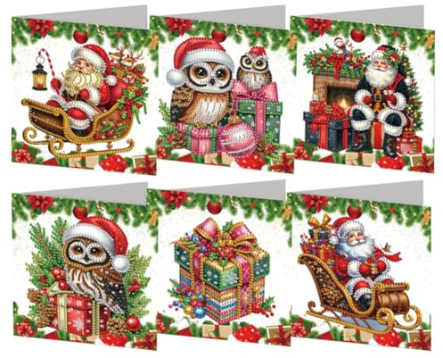 JUCHRZEY 6 Stück DIY 5D Diamond Painting Grußkarte mit Umschlag 5D Diamant Malerei Weihnachten Karten Geburtstag Karte Weihnachtskarte Diamant Painting Geschenkkarte Weihnachtsdeko