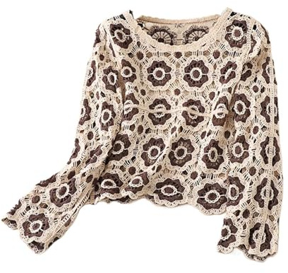 CheJooe Y2K - Suéter de punto de ganchillo con botones para mujer, diseño de flores, manga larga, hueco, suéter de verano, casual, para cubrir, Flor marrón, Altoa única